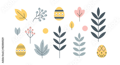 Set of minimalist easter decorative elements including painted eggs, stylized leaves, and berry branches in a simple, flat scandinavian folk art style for spring holiday celebration