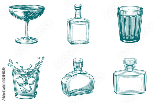 Vintage hand drawn engrave isolated drink set vector illustration. Pure mineral drinking water in glass cup and jug. Eps 10