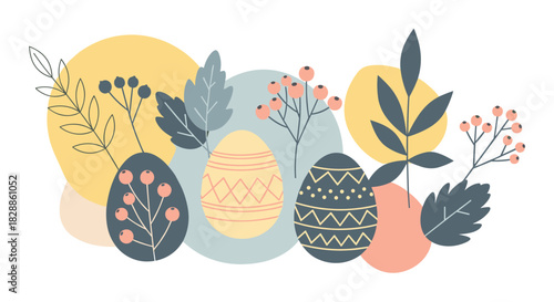 Beautiful easter illustration of decorated eggs with abstract patterns, surrounded by stylized leaves and berries in a gentle, modern scandinavian design