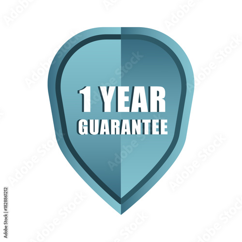 One year guarantee. Blue shield icon. Quality promise label. Vector warranty badge.