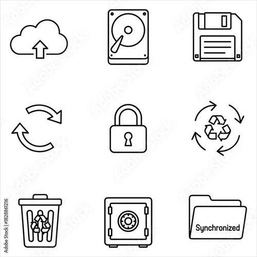 Digital data storage, security, and synchronization icon set. isolated on white background, Vector