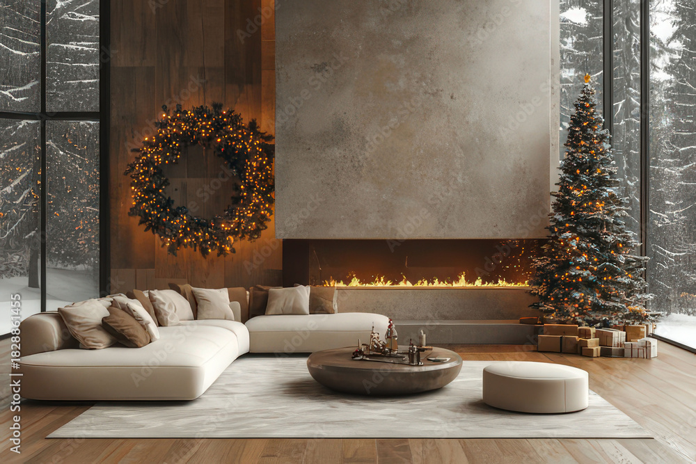 Naklejka premium Cozy Christmas living room with a decorated tree, wreath, and fireplace, digital christmas background, ms teams background
