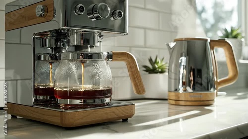 Home kitchen appliance brewing hot beverage steam rising from coffee maker and kettle