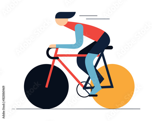 Person riding a modern racing bicycle in a flat design graphic illustration, showing the athletic sport of cycling with a sense of speed, power, and forward movement