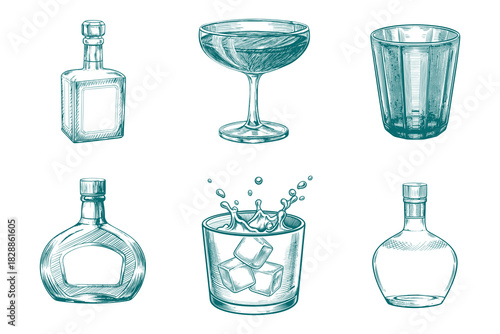 whiskey isolated engrave drink set illustration.  bottles and glass, vector sketch. Scotch, brandy or liquor alcohol drinks. Eps 10