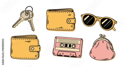 Set of various illustrated personal accessories like a wallet, keys, sunglasses, coin purse, and a cassette tape in a cute, hand-drawn doodle style with a vintage aesthetic