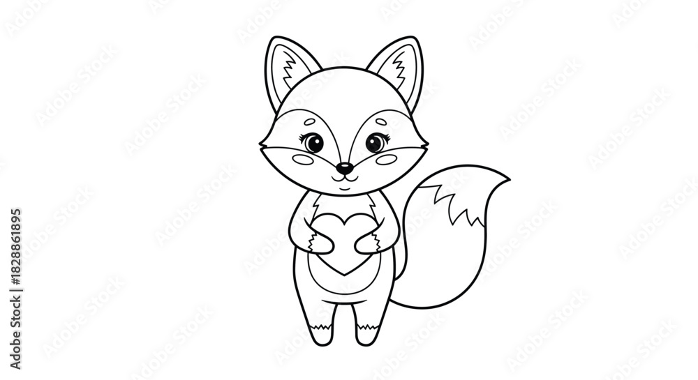 Naklejka premium Adorable cartoon fox with big eyes and a fluffy tail, happily holding a heart, perfect as a black and white line art coloring page.