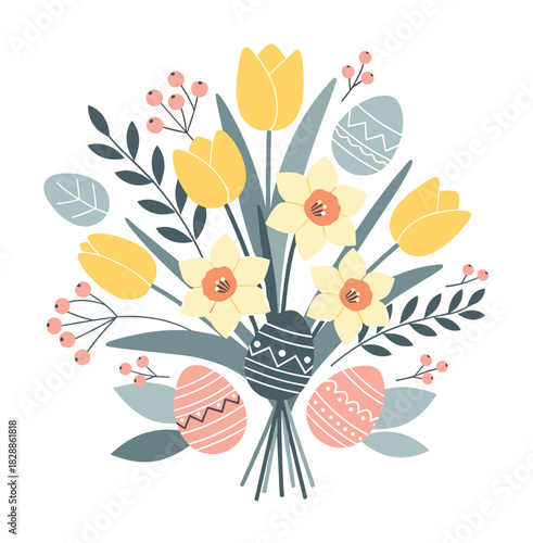Beautiful easter bouquet illustration with yellow tulips, daffodils, and decorated eggs in a charming, stylized composition for spring holiday celebrations and festive greetings