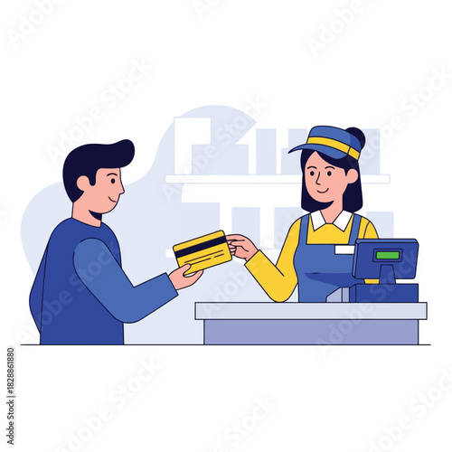Conveniently paying with credit card to cashier in modern shop checkout