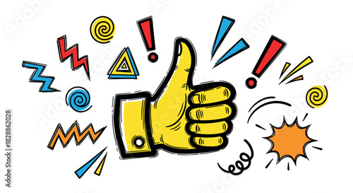 Yellow cartoon thumbs up hand gesture surrounded by colorful pop art doodles and exclamation marks in a retro comic book style illustration showing approval and success