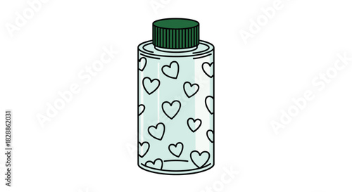 An illustration of a light blue cylindrical bottle with a dark green cap, patterned with small black outline hearts.