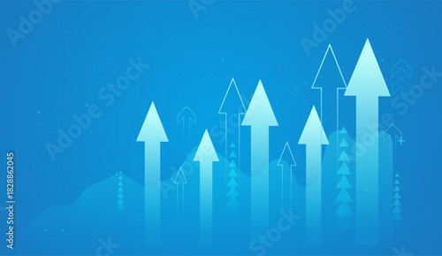 The Bright blue arrows increase in height from left to right, representing steady financial growth and technological advancement. The upward curve emphasizes positive market momentum
