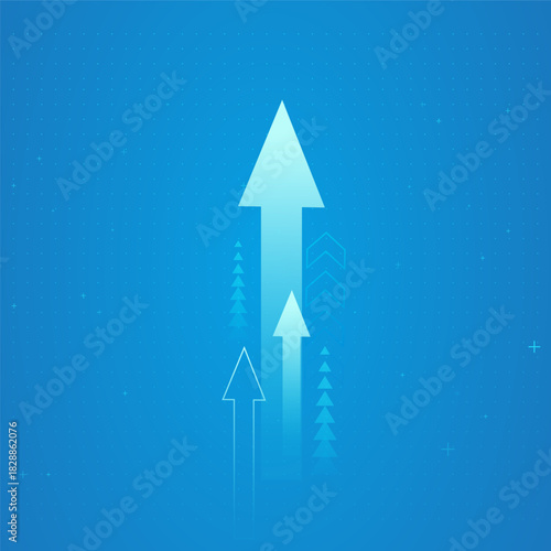 The digital-style upward arrow glows brightly as it rises, illustrating momentum, strategy, and technological progress. and abstract blue background with arrows vectors