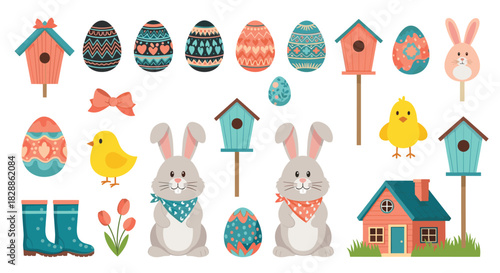 A delightful collection of springtime and Easter-themed cartoon illustrations featuring cute bunnies, chicks, decorated eggs, birdhouses, and garden elements.
