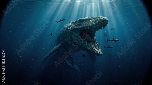 Giant Mosasaurus Marine Reptile attacking underwater with Sharks nearby