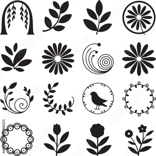 Botanical Illustrations Seamless Pattern with Flowers and Leaves Silhouettes Design