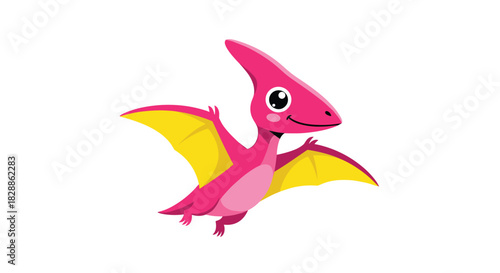 An adorable cartoon pink pterodactyl dinosaur with vibrant yellow wings soars cheerfully through the air against a clean white background.