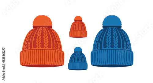 Graphic illustration of orange and blue knitted winter hats with pom-poms, featuring cable knit patterns and ribbed brims in various sizes.
