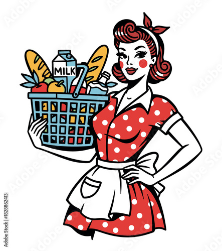 Vintage cartoon housewife in a red polka dot dress holds a shopping basket full of groceries like milk and bread, smiling confidently in a classic 1950s pin-up illustration style