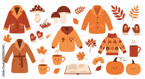A delightful collection of autumn-themed illustrations featuring cozy apparel, natural elements, and warm beverages for the fall season.