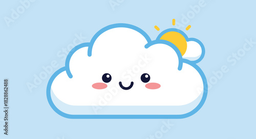 A cute and happy cartoon cloud character with a smiling face and rosy cheeks, enjoying a sunny day with a bright sun peeking from behind.