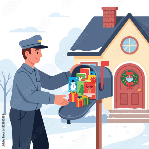 Mail carrier delivering holiday cards and gifts for Christmas cheer