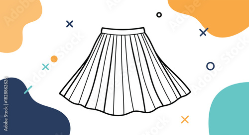 Minimalist line art illustration of a pleated skirt, an elegant and versatile piece of clothing, presented on a modern abstract background.
