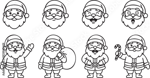Santa Claus Vector Character Set: Cute Christmas Mascot with Different Expressions and Poses Line Art