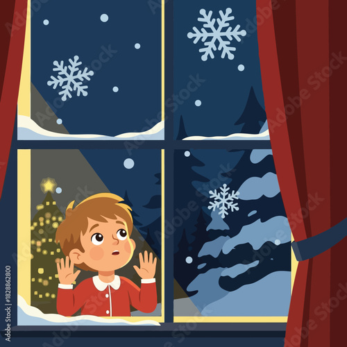 Excited child watches falling snow outside Christmas window at nighttime