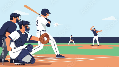 Dynamic baseball game scene with batter, catcher, and pitcher in action on the field, perfect for sports illustrations and team spirit designs