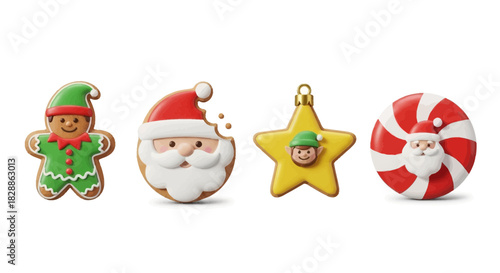 Festive holiday treats delight with charming gingerbread elf, bitten Santa cookie, star ornament, and candy Santa, spreading Christmas cheer and joyful delight