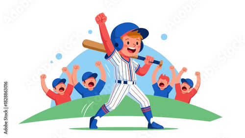 Triumphant baseball player celebrates victory with cheering fans, a dynamic scene perfect for sports marketing and youth-oriented campaign designs