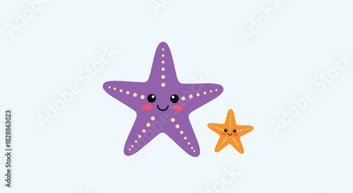 An adorable digital illustration shows a large, cheerful purple starfish and a smaller, happy orange starfish on a serene light blue background.