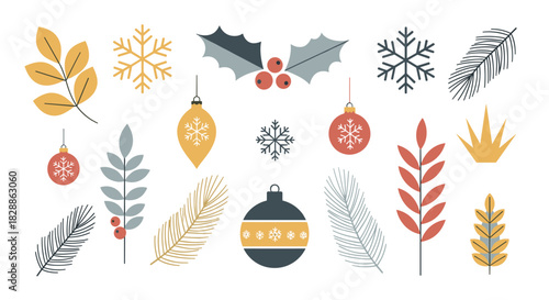 Collection of minimalist christmas illustrations including snowflakes, ornaments, holly, and winter foliage in a modern, flat design style for seasonal holiday decoration