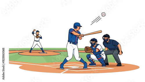 Energetic baseball game unfolds with batter poised at home plate, pitcher throwing, catcher ready, and umpire watching intently, a classic American sport scene