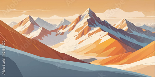 Majestic snow-covered mountain peaks under a glowing sunset sky with morning mist and clouds over a winter panorama of the high Alps valley