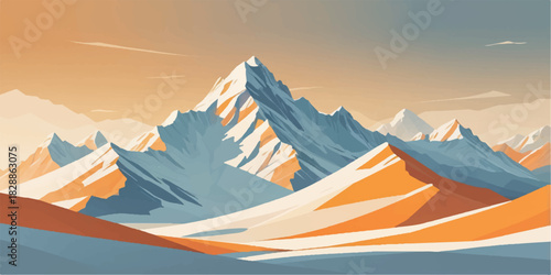 Minimalist mountain landscape illustration at sunrise with snow-capped peaks in flat orange and white style.