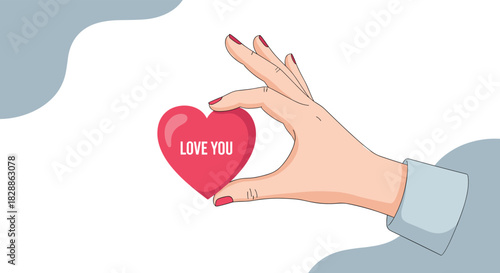 A delicate hand holds a vibrant red heart with the message LOVE YOU, symbolizing affection and warmth.