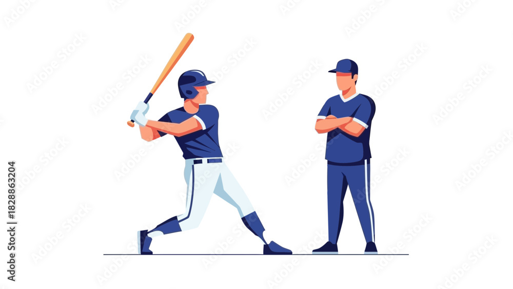 Fototapeta premium Dynamic baseball player swinging bat with coach overseeing practice, embodying teamwork, athleticism, and dedication in a modern sports illustration