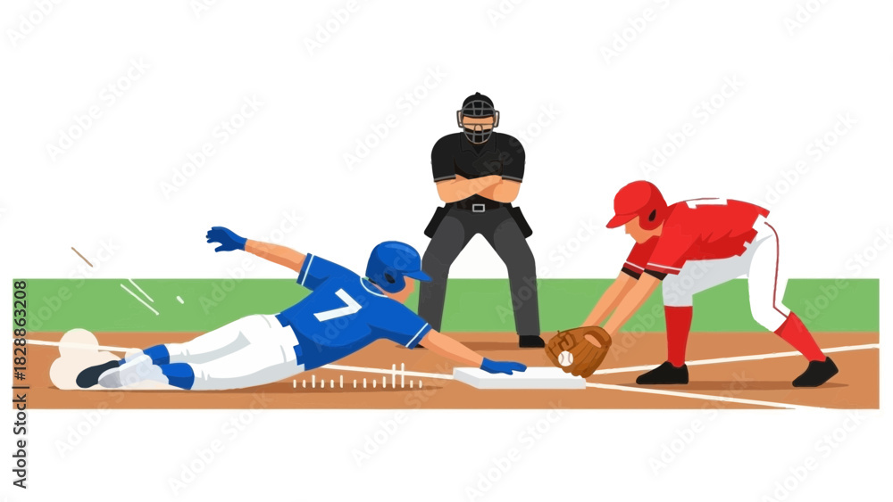 Fototapeta premium Intense baseball game action with player sliding into base while opponent fields, overseen by umpire in dramatic showdown, captures the thrill of competition