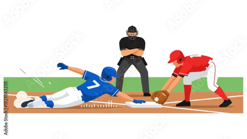 Intense baseball game action with player sliding into base while opponent fields, overseen by umpire in dramatic showdown, captures the thrill of competition