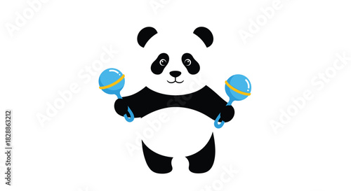 A cheerful cartoon panda stands, happily holding two bright blue maracas, ready to play some joyful music.