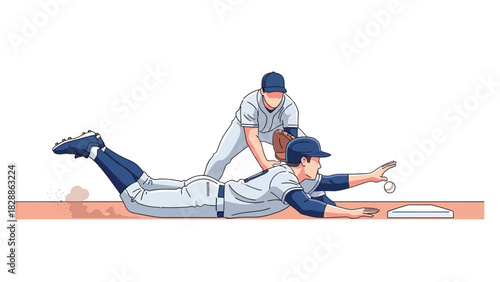 Dynamic baseball action showcasing a player sliding into base to beat the tag, capturing the intensity and excitement of the game with a teammate nearby