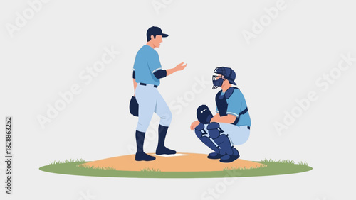 Dynamic baseball coaching session with catcher and pitcher, perfect for sports marketing, team building, and youth activities promoting teamwork and skill