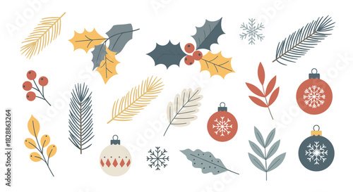 Collection of festive christmas holiday illustrations featuring ornaments, holly, pine branches, and snowflakes in a modern, flat vector style with a muted color palette