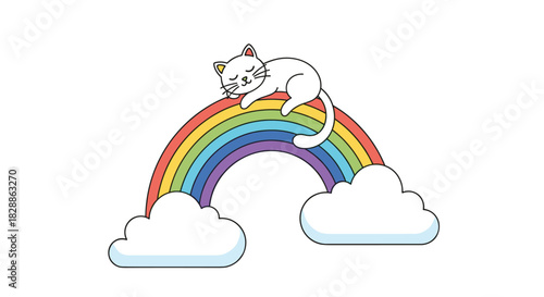 A cute white cartoon cat sleeps soundly on a vibrant arched rainbow, supported by fluffy white clouds against a bright background.