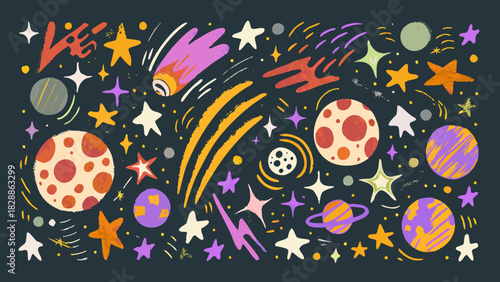 Colorful illustration depicting planets stars and comets in a cosmic scene