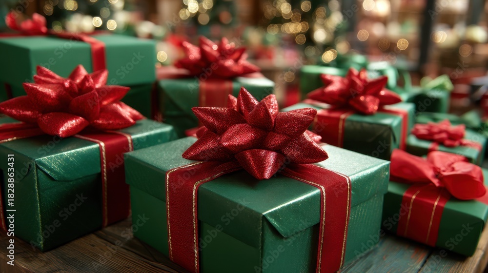 Obraz premium Bright green gifts with red bows are neatly arranged on a wooden table. The background features warm holiday decorations creating a cheerful festive atmosphere.