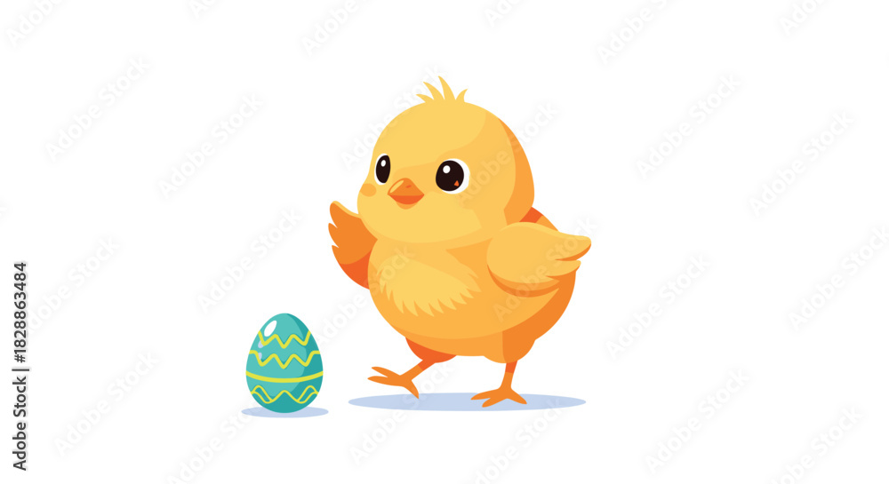 Fototapeta premium An adorable yellow baby chick stands beside a colorful teal Easter egg, playfully waving its wing on a clean white background, celebrating spring.