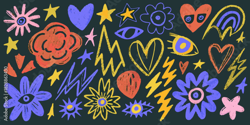 Colorful hand drawn doodles featuring eyes hearts flowers and abstract shapes